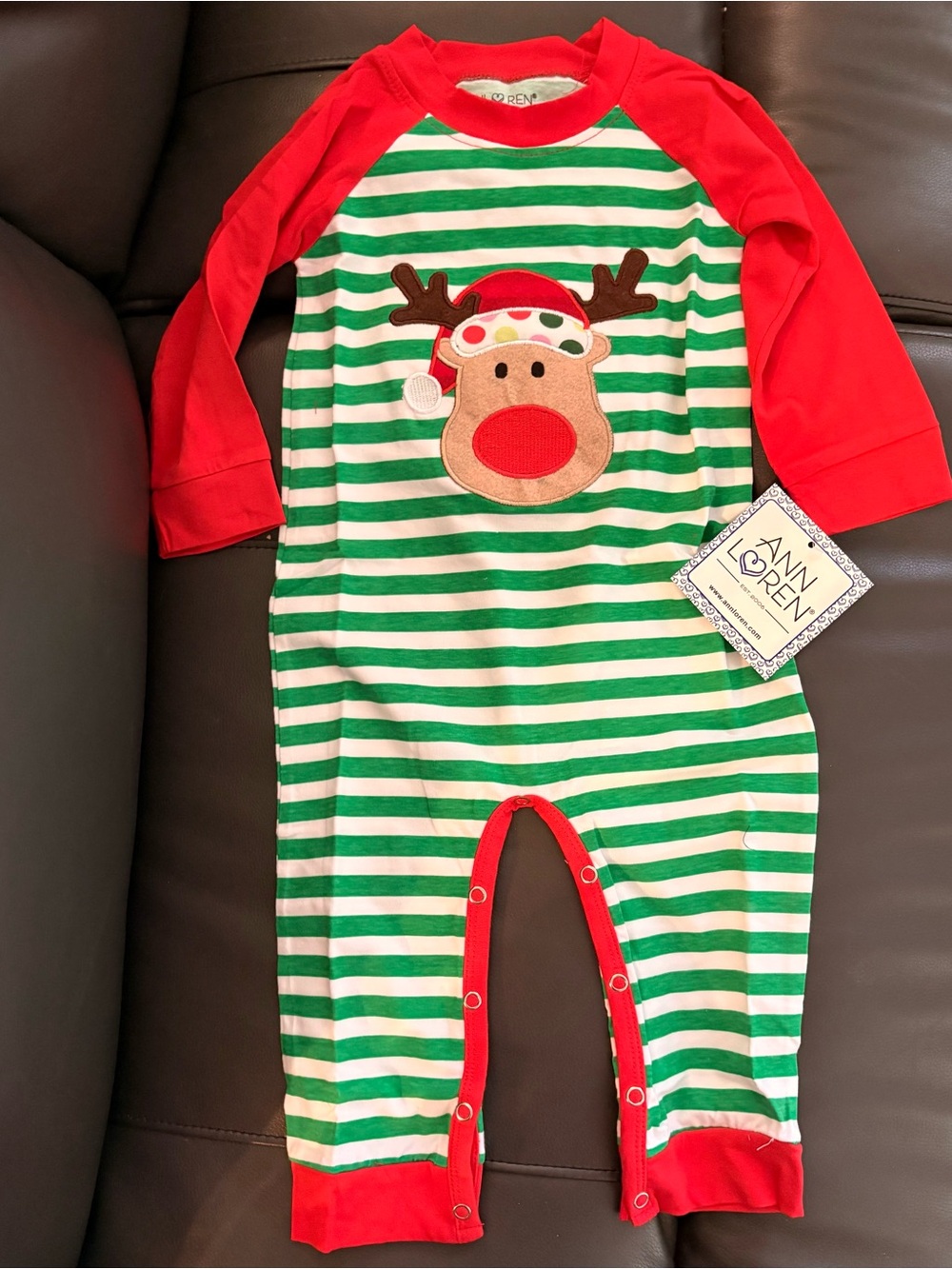 Ann Loren Green & Red Striped Reindeer Baby One-Piece